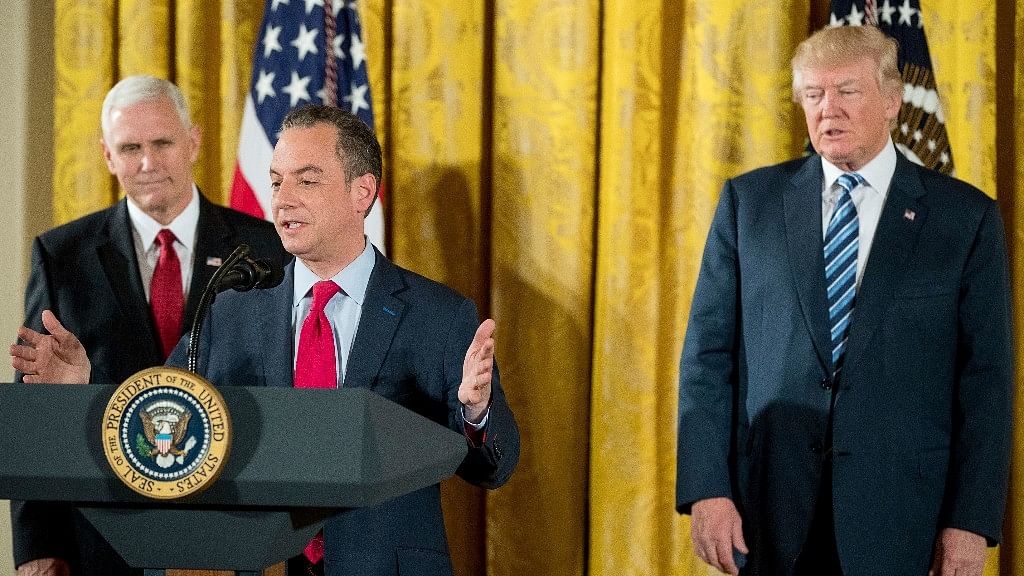 Trump Chief of Staff Reince Priebus, center, accompanied by Vice President Mike Pence, left, and President Donald Trump, right. (Photo: AP)