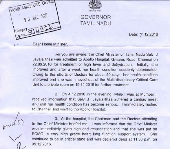 The Governor’s letter chronicles all the major events that unfolded after Jayalalithaa was admitted to the hospital.