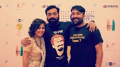 Anurag Kashyap (middle) with Shweta Tripathi and Shlok Sharma at MAMI. (Photo courtesy: <a href="https://www.instagram.com/p/BPHUHZlA-hM/?taken-by=battatawada&amp;hl=en">Instagram/ batatawada</a>)