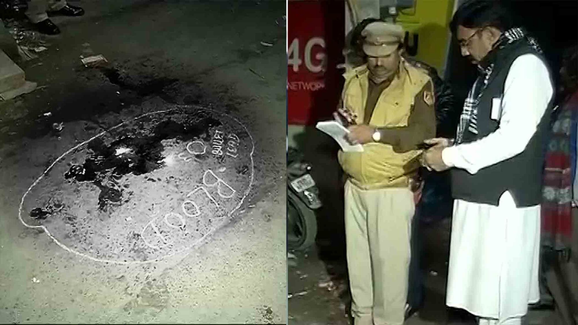 Police at the scene investigating the alleged gang war in New Delhi’s Uttam Nagar area. (Photo Courtesy: ANI Screegrab/Modified by The Quint)