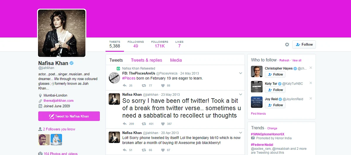 A screenshot of Jiah Khan’s Twitter account. (Photo Courtesy: Twitter/<a href="https://twitter.com/jiahkhan">NafisaKhan</a>)