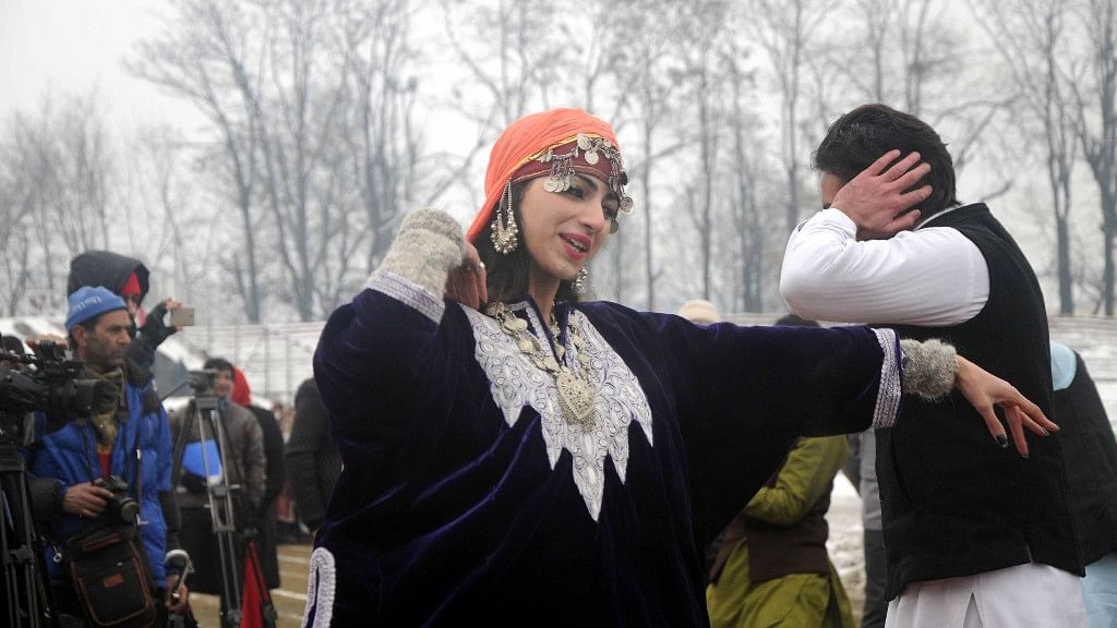 A college student performs a traditional dance at Srinagar’s Bakshi Stadium during the 68th Republic Day celebrations. (Photo: Muneeb Ul Islam)