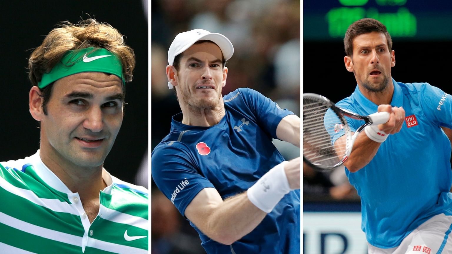 Roger Federer (L), Andy Murray and Novak Djokovic (R). (Photo: AP)