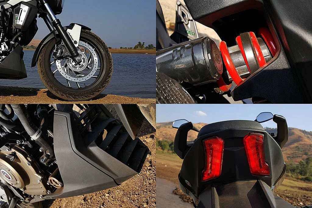 Fat forks, Twin-springs-in-series monoshock, and those typically Bajaj twin slash rear tail lamps. (Photo Courtesy: Motorscribes) 
