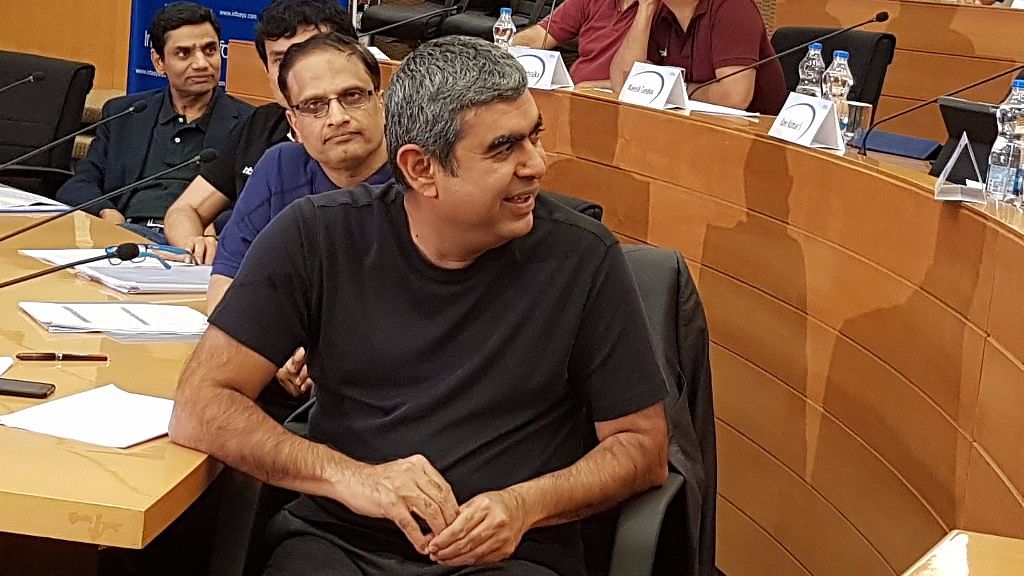 Infosys MD &amp; CEO Vishal Sikka and COO Pravin Rao addressing the Q1 earnings press conference. (Photo Courtesy: Sajeet Manghat/BloombergQuint)