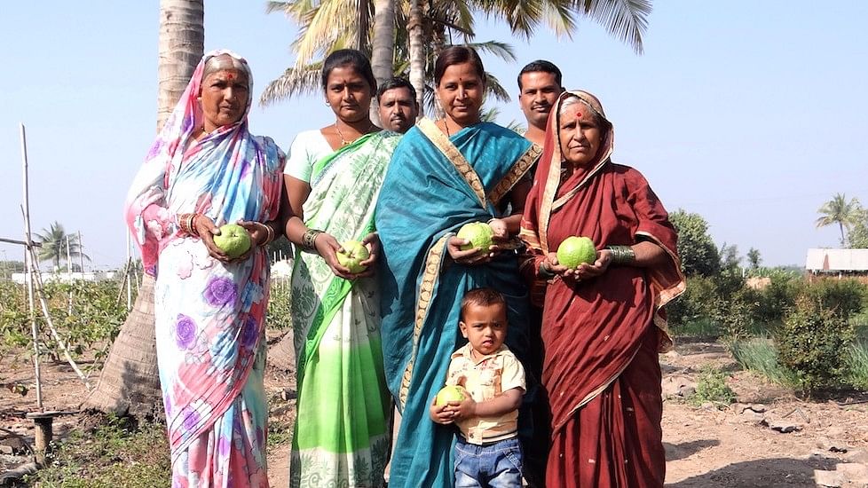 A happy VNR-Bihi grower’s family in Pitkeshwar village in Pune district of Maharashtra. (Photo by VNR Nursery/ The Village Square)