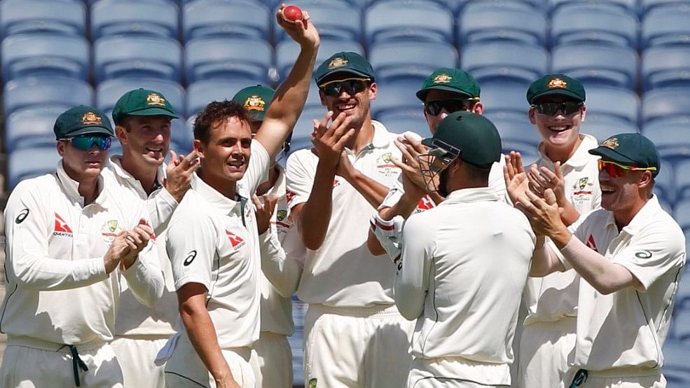Steve O’Keefe of Australia holds the ball after taking five wickets during day two of the first test match between India and Australia. (Photo: BCCI)