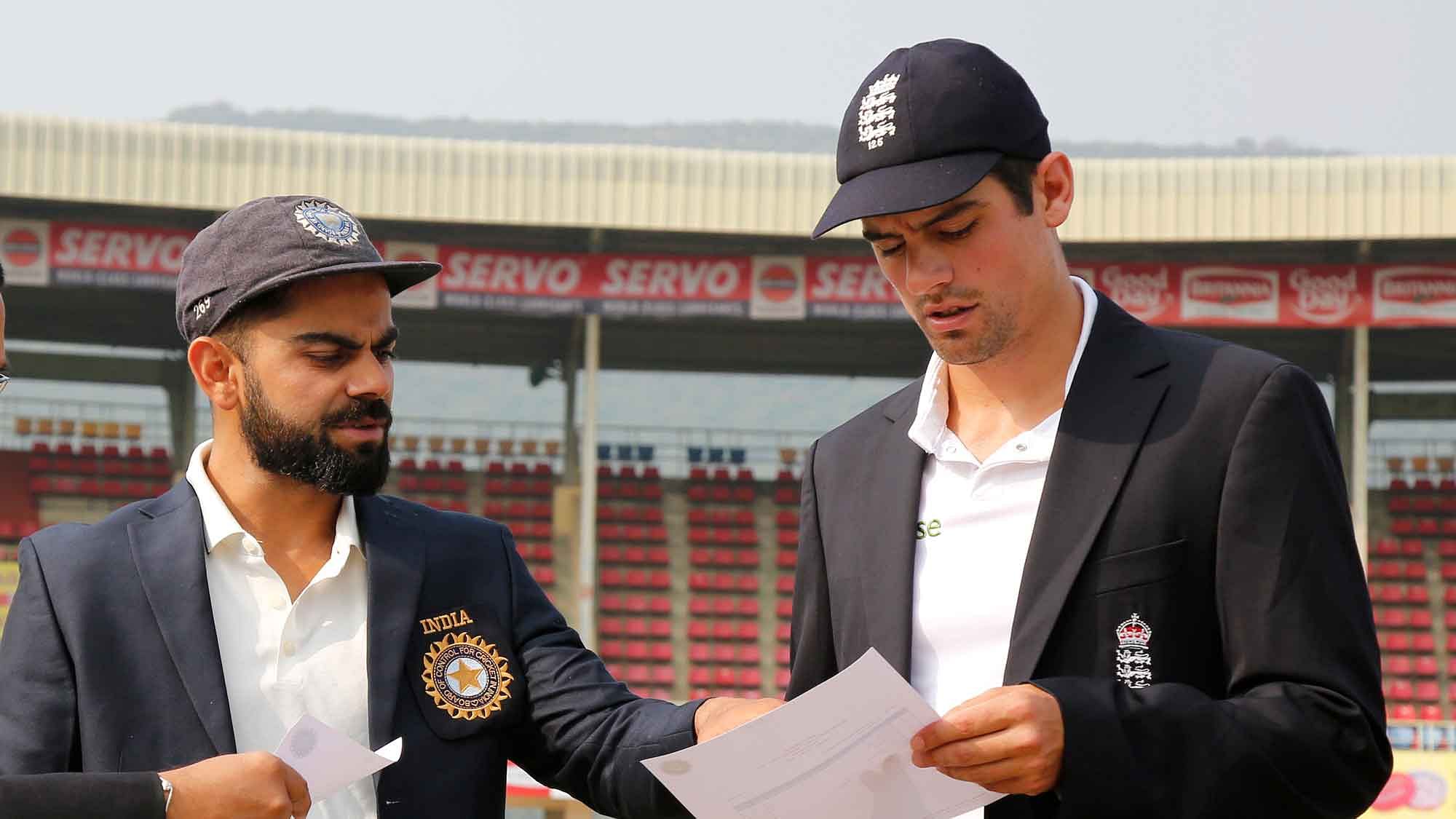 Alastair Cook shares the team line-ups with Virat Kohli during the recently concluded Test series in India. (Photo: AP)