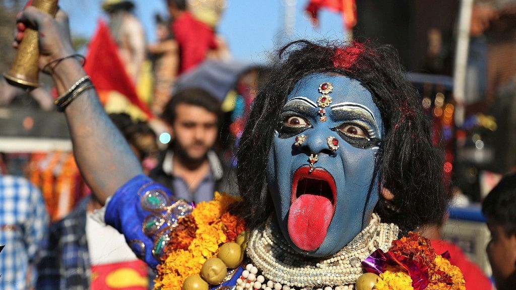 Jammu: A devotee dressed as Hindu goddess Kali participates in a procession on the eve of Shivratri festival. (Photo AP)
