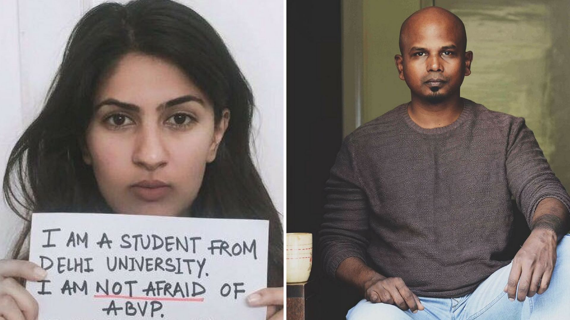 Gurmehar Kaur and Ram Subramanian, founder of Facebook page Voice of Ram. (Photo: Altered by <b>The Quint</b>)