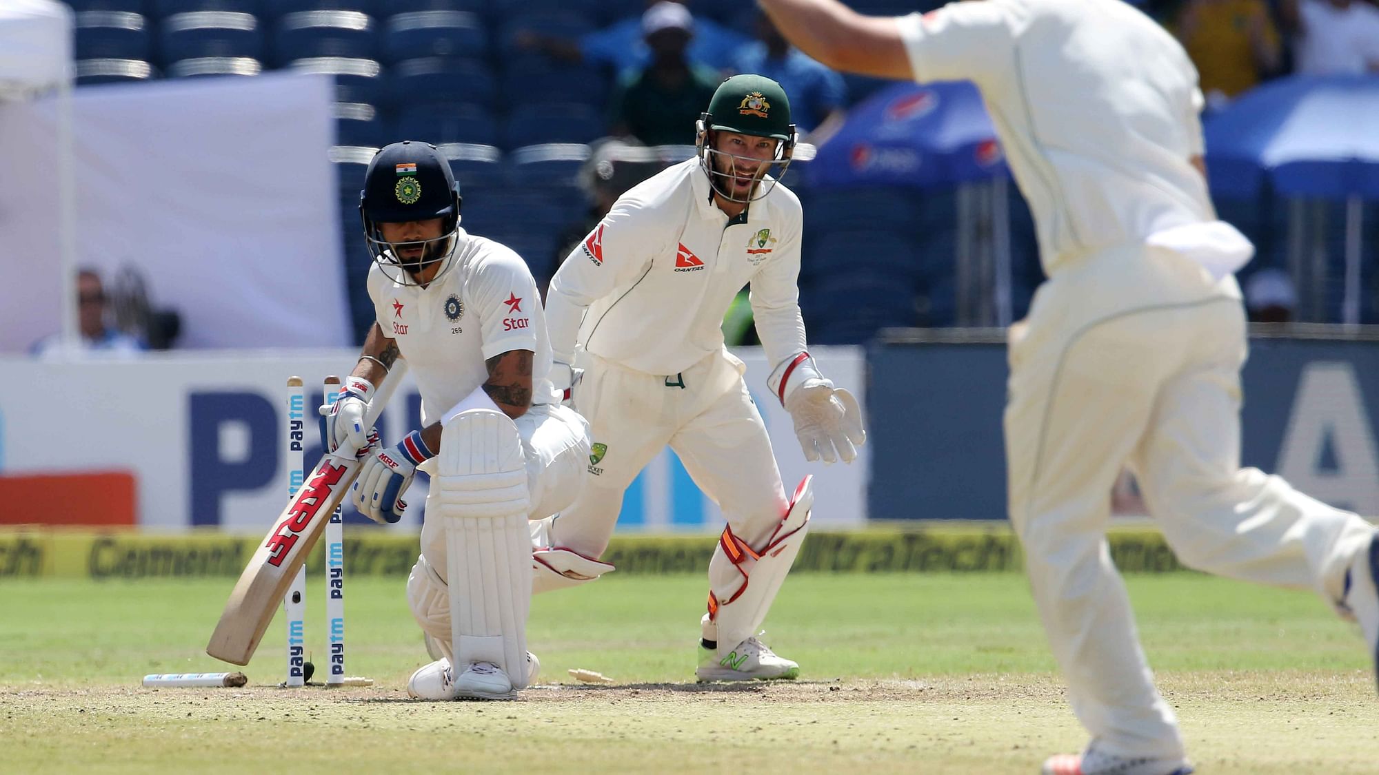 Virat Kohli was clean bowled by Steve O’Keefe in the second innings of the Pune Test. (Photo: AP)
