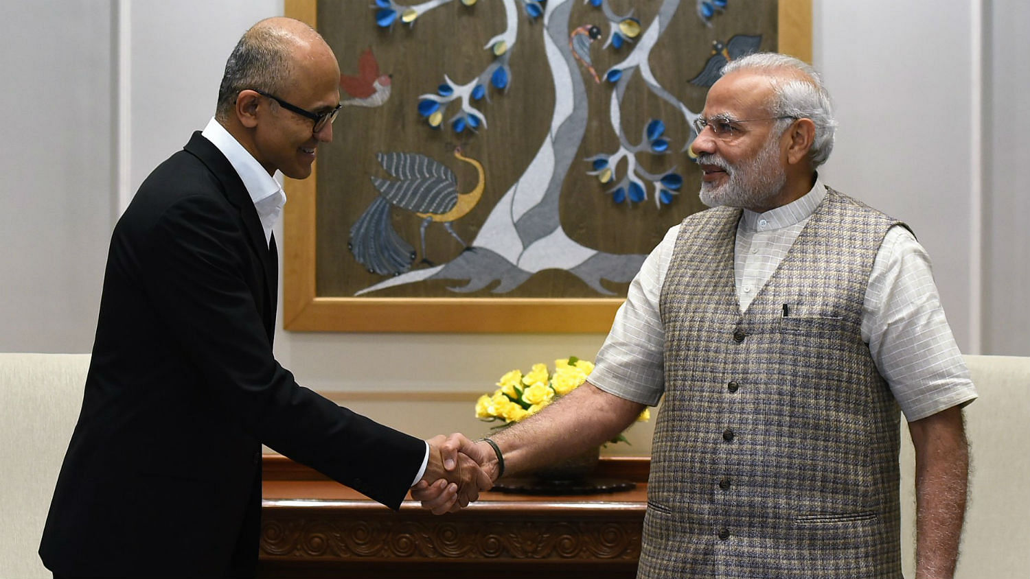 Microsoft CEO Satya Nadella with PM Modi on Tuesday. (Photo Courtesy: Twitter/<a href="https://twitter.com/PMOIndia/status/833975896923131904">@PMO</a>)