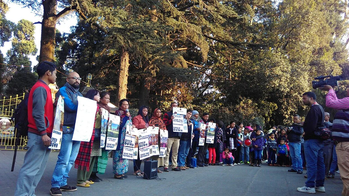 On 26 January, Civil Society Women Organisation (CSWO) and Thma u Rangli (TUR) held a demonstration outside the Shillong Raj Bhavan, demanding immediate removal of the Governor. (Photo Courtesy: Angela Rangad/Thma u Rangli)