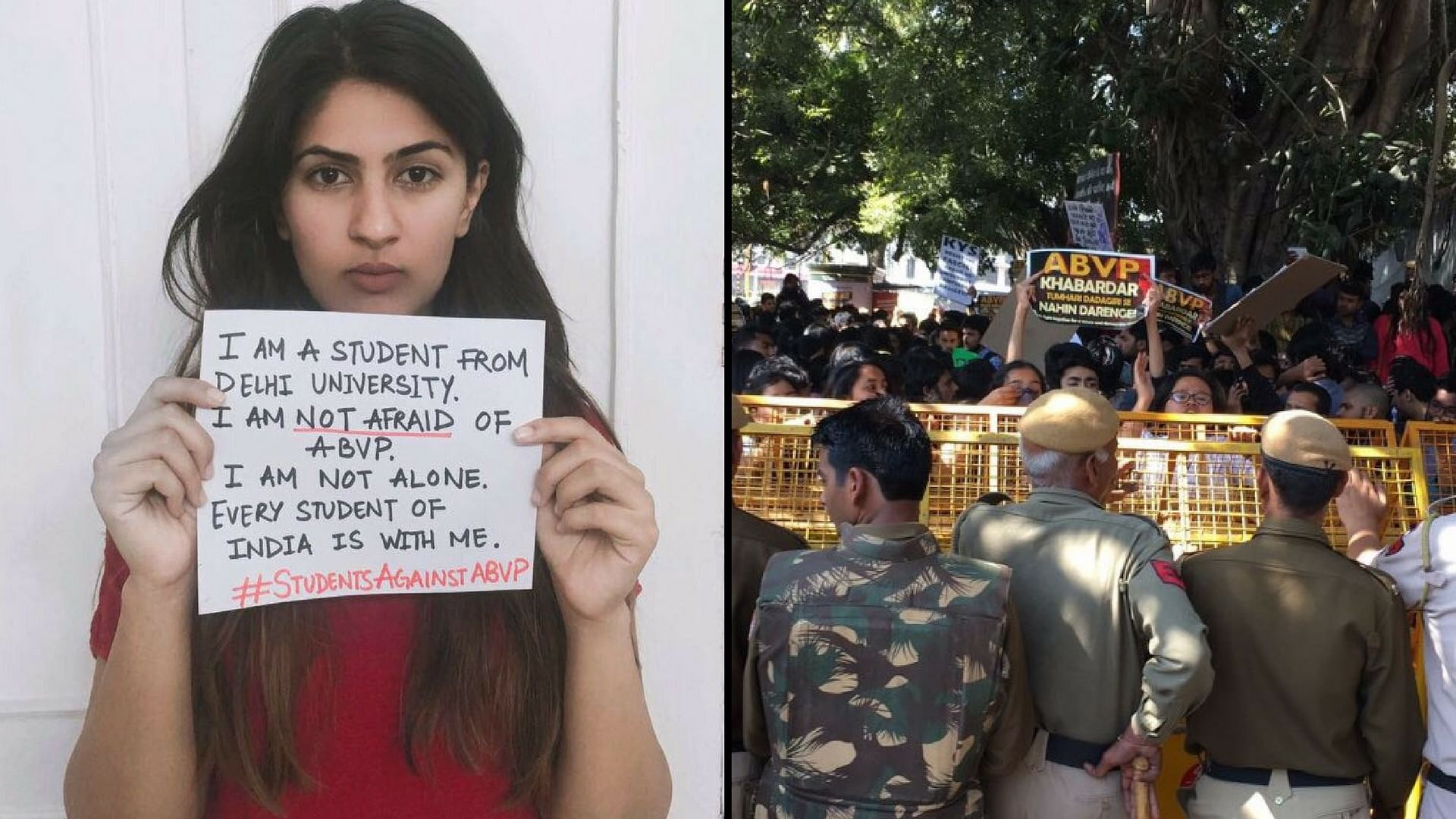 Gurmehar Kaur (left) and the protest at Ramjas (right). (Photo: <b>The Quint</b>)