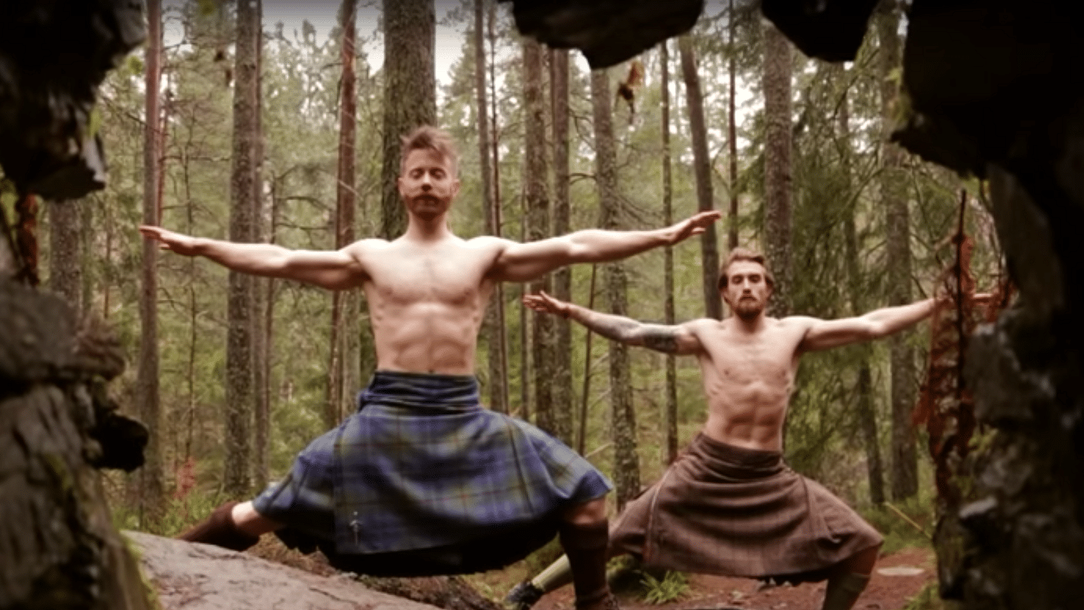

Finlay and his student practice forest yoga in kilts. (Photo Courtesy: Youtube/<a href="https://www.youtube.com/watch?v=rKIGystgThc">BBC Social</a>)