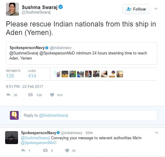 An Indian merchant crew stuck in Yemen SOS’d Sushma Swaraj on Twitter. Here’s how it went down.