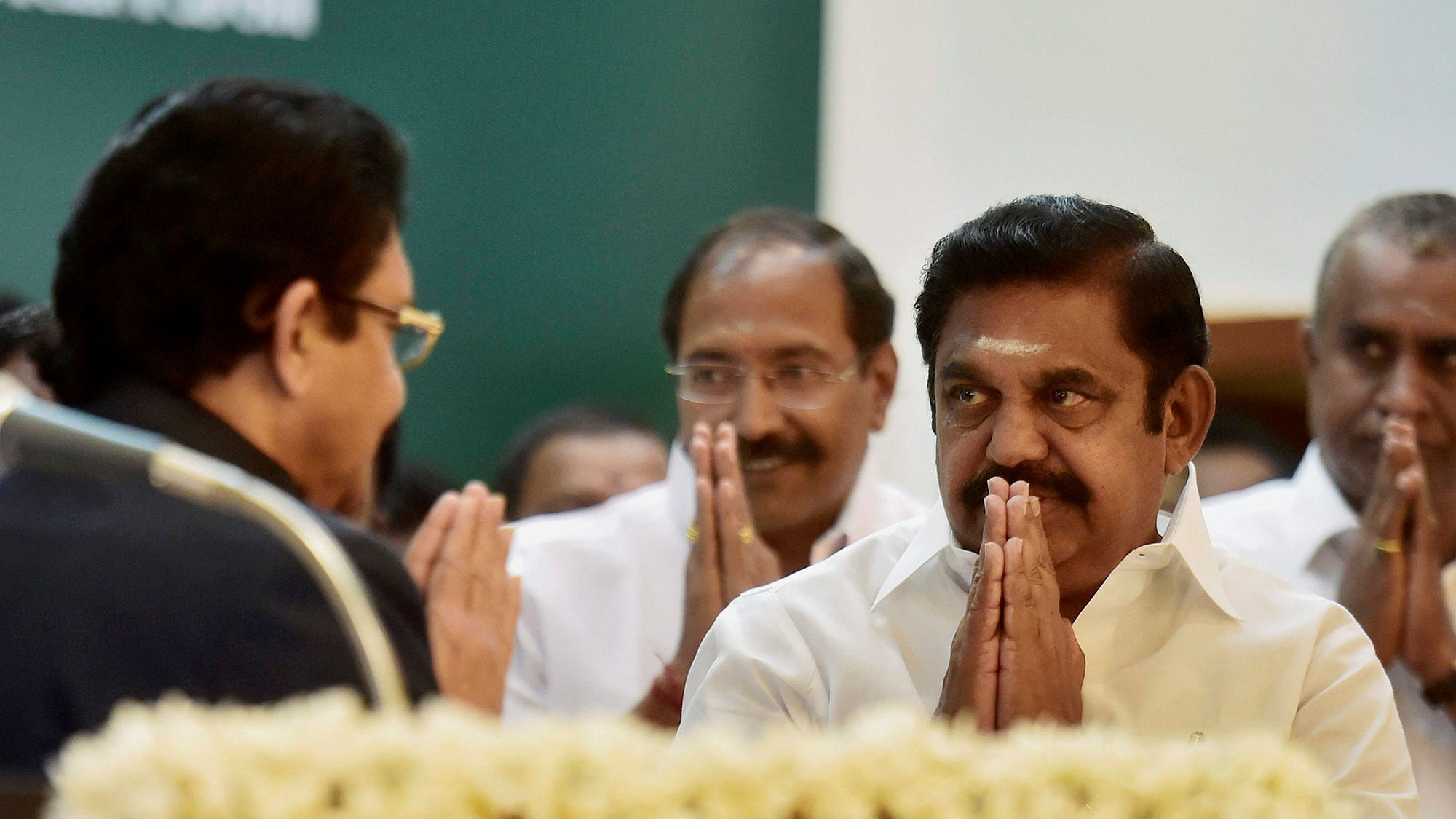 K Palanisamy (right) after taking oath as the new Chief Minister of Tamil Nadu on Thursday. (Photo: PTI)