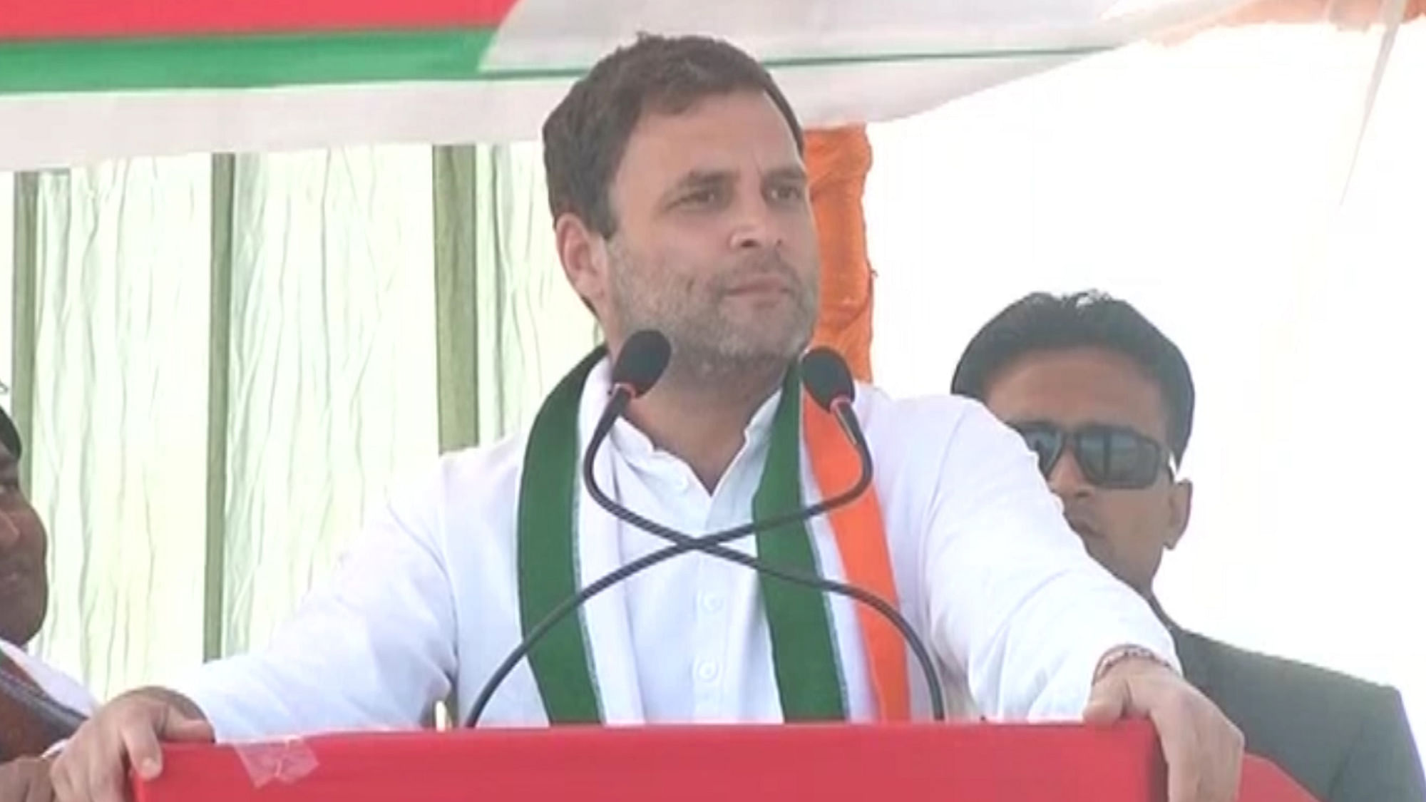Congress VP Rahul Gandhi addresses a rally in Uttar Pradesh’s Bijnor district on Monday. (Photo Courtesy:  ANI Screengrab) 