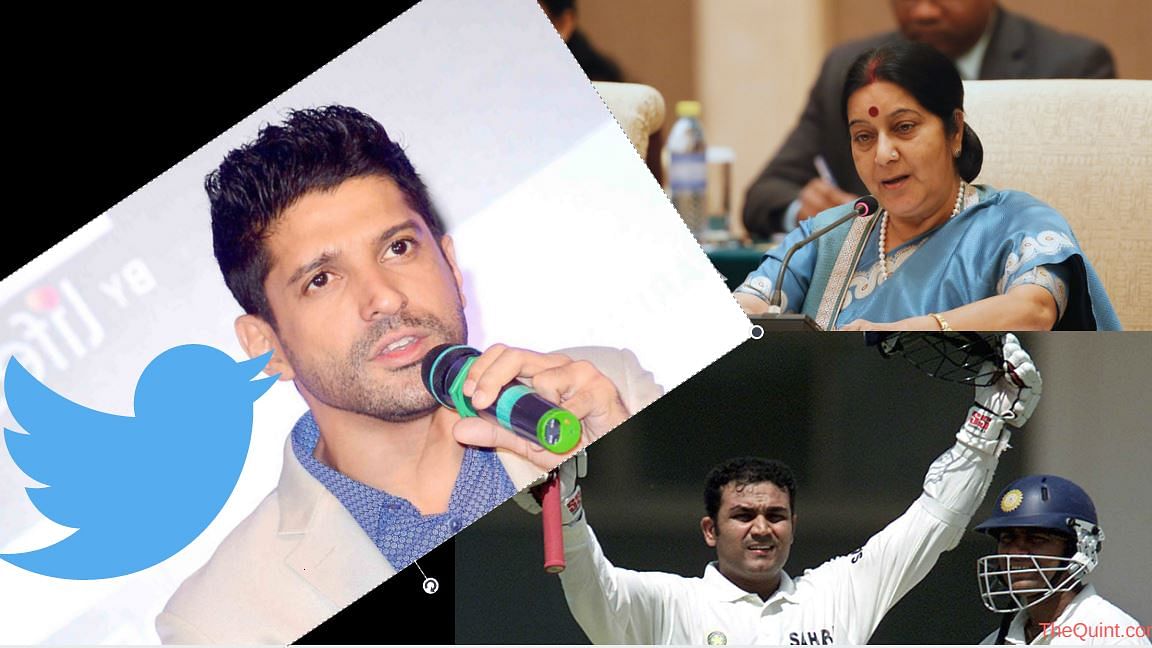 Farhan Akhtar, Sushma Swaraj and Virender Sehwag (Image altered by <b>The Quint</b>)