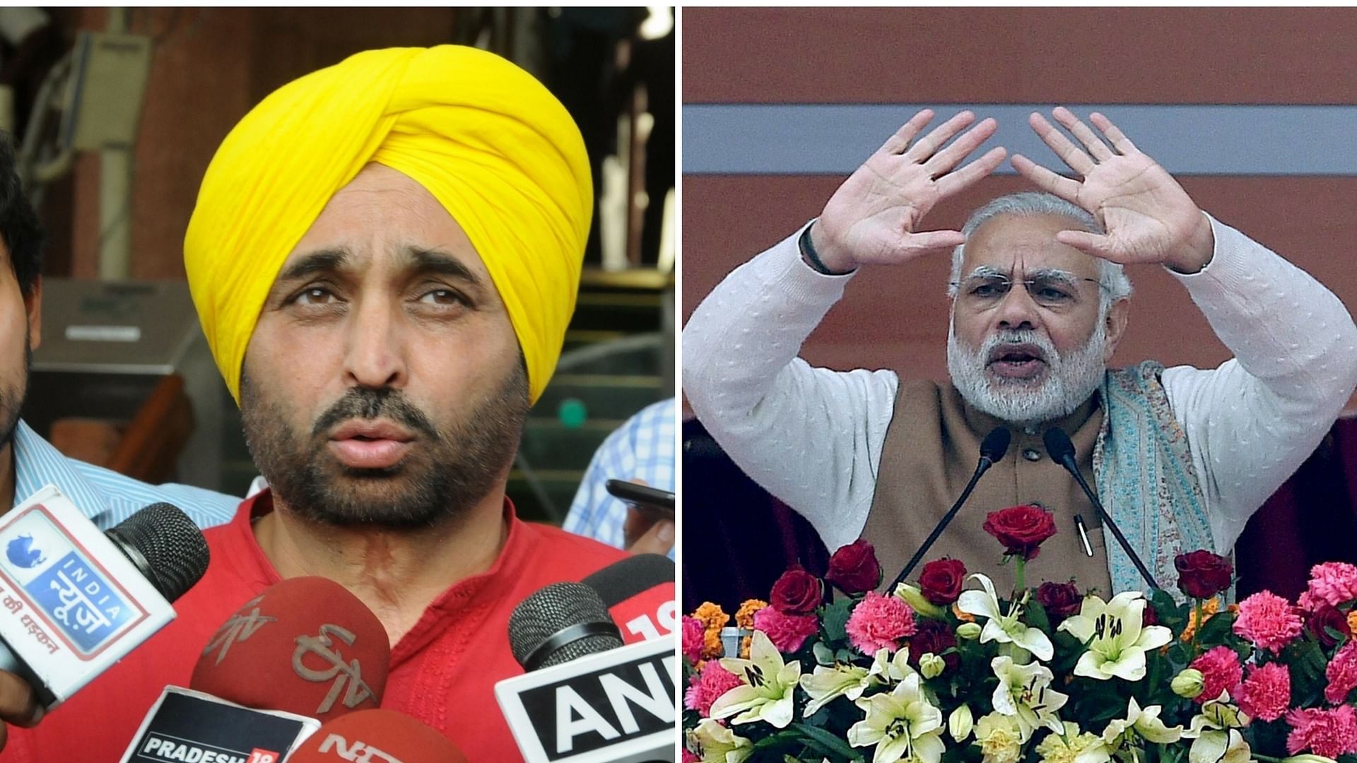 AAP MP Bhagwant Mann (L); Prime Minister Narendra Modi. (Photo: Altered by <b>The Quint</b>)