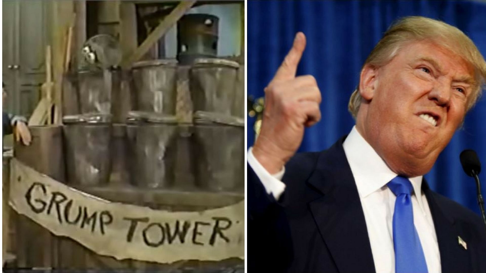 The fictional ‘Grump Tower’ as shown on Sesame Street (left) and the US President Donald Trump (right) (Image Courtesy Youtube/AP/<b>Altered by The Quint</b>)