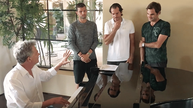 Tennis superstars Roger Federer,  Grigor Dimitrov and Tommy Haas with musician David Foster. 