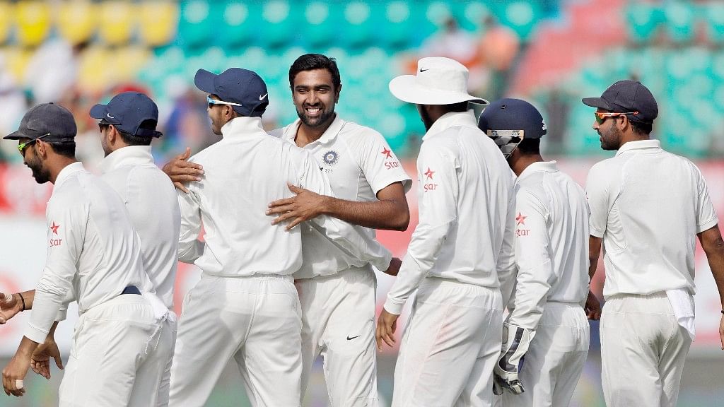 Ravi Ashwin celebrates the big wicket of Steve Smith for 111 on Day 1 of the Dharamsala Test. (Photo: BCCI)