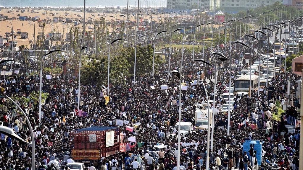 A file photo of pro-Jallikattu protesters t Chennai’s Marina beach in January.  Posts on social media had called for a second round of protests at Marina beach on Wednesday. (Photo: PTI)