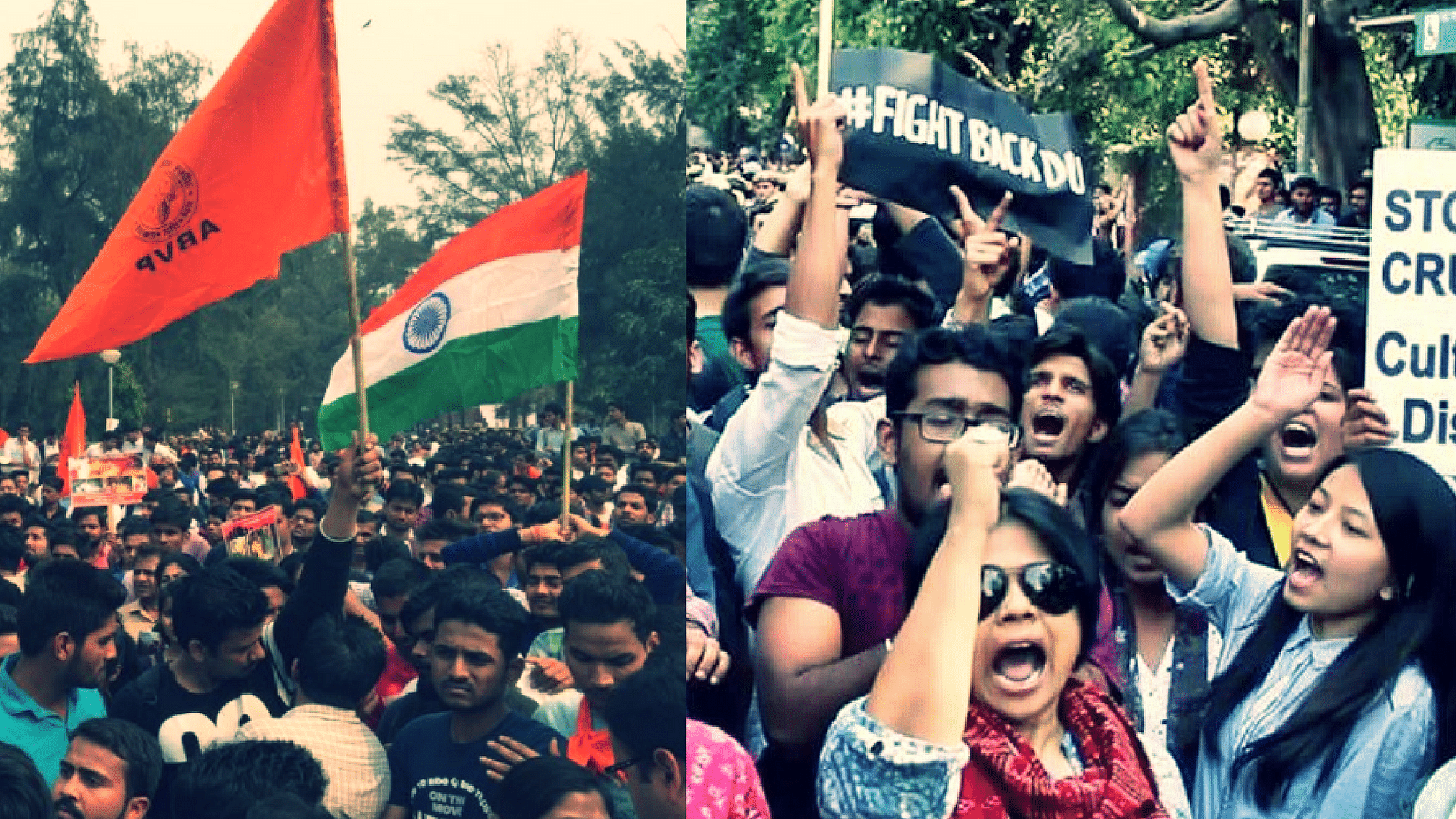 ABVP and its opponents are matching each other, march for march. (Photo Courtesy:  Twitter/<a href="https://twitter.com/sushilyati">@SushilYati</a>/Altered by The Quint)