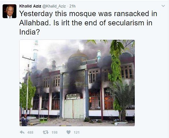 On Sunday, a Peshawar-based Twitter handle shared an image of a burning mosque, claiming it was from Allahabad.