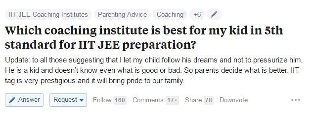 This Indian parent got trolled for asking how his or her son in 5th standard should prepare for IIT entrances.