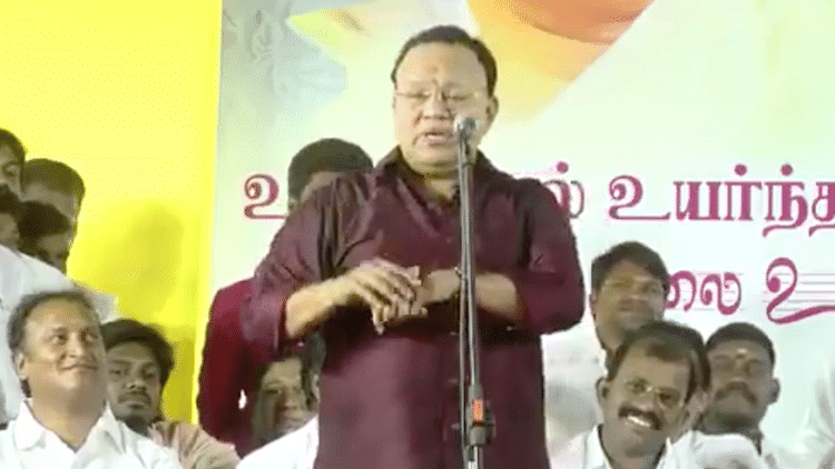 

Radha Ravi mocked children with disabilities in a public speech during DMK leader MK Stalin’s birthday celebrations. (Photo Courtesy: The News Minute)