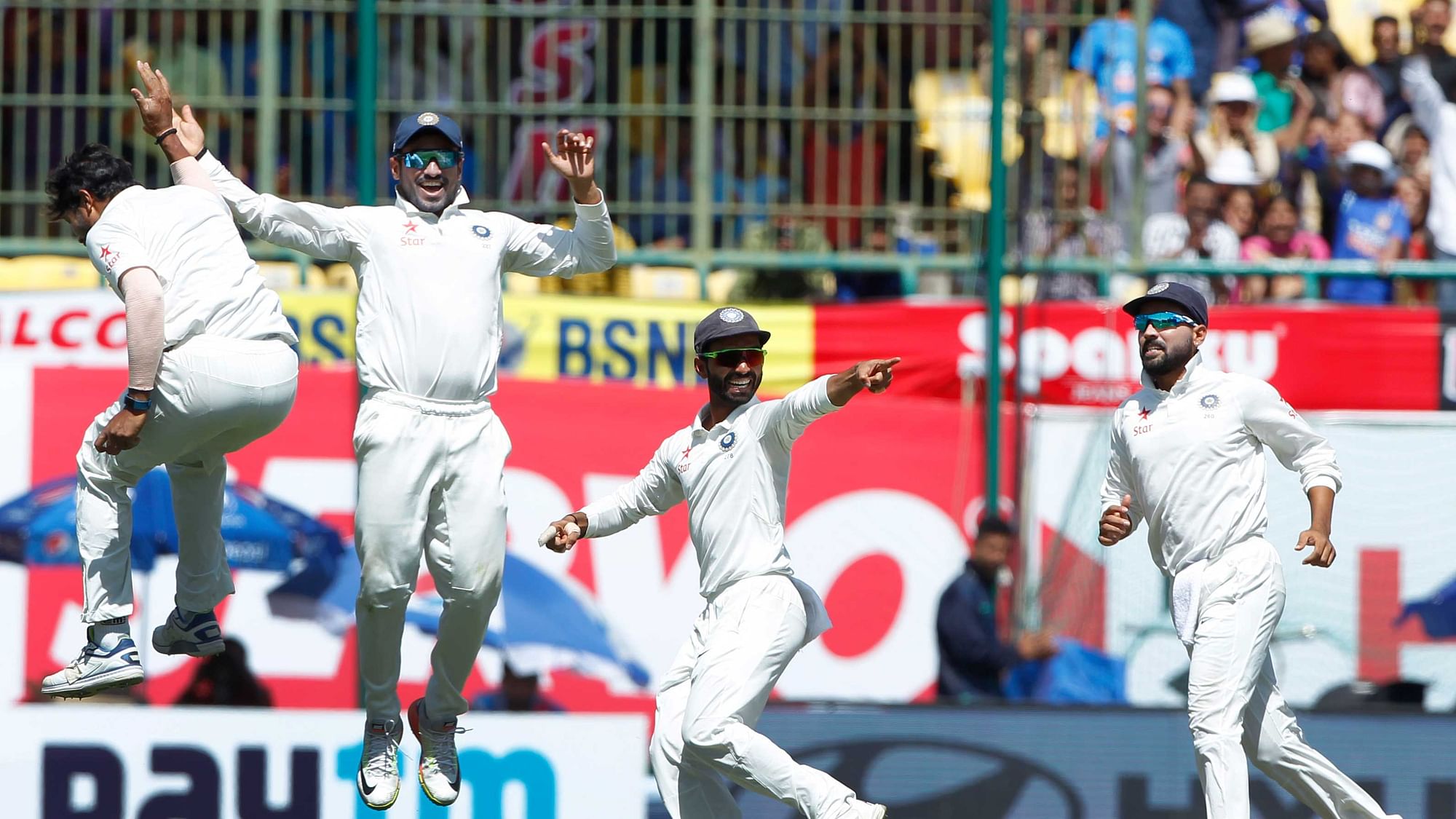 Ajinkya Rahane and teammates celebrates the wicket of Matt Renshaw. (Photo: BCCI)