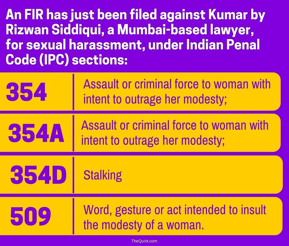 An FIR has just been filed against Kumar by Rizwan Siddiqui, a Mumbai-based lawyer, for sexual harassment.