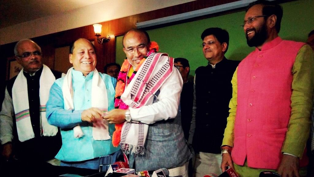 Biren Singh (centre) is all set to become the next Manipur Chief Minister. (Photo: PTI)