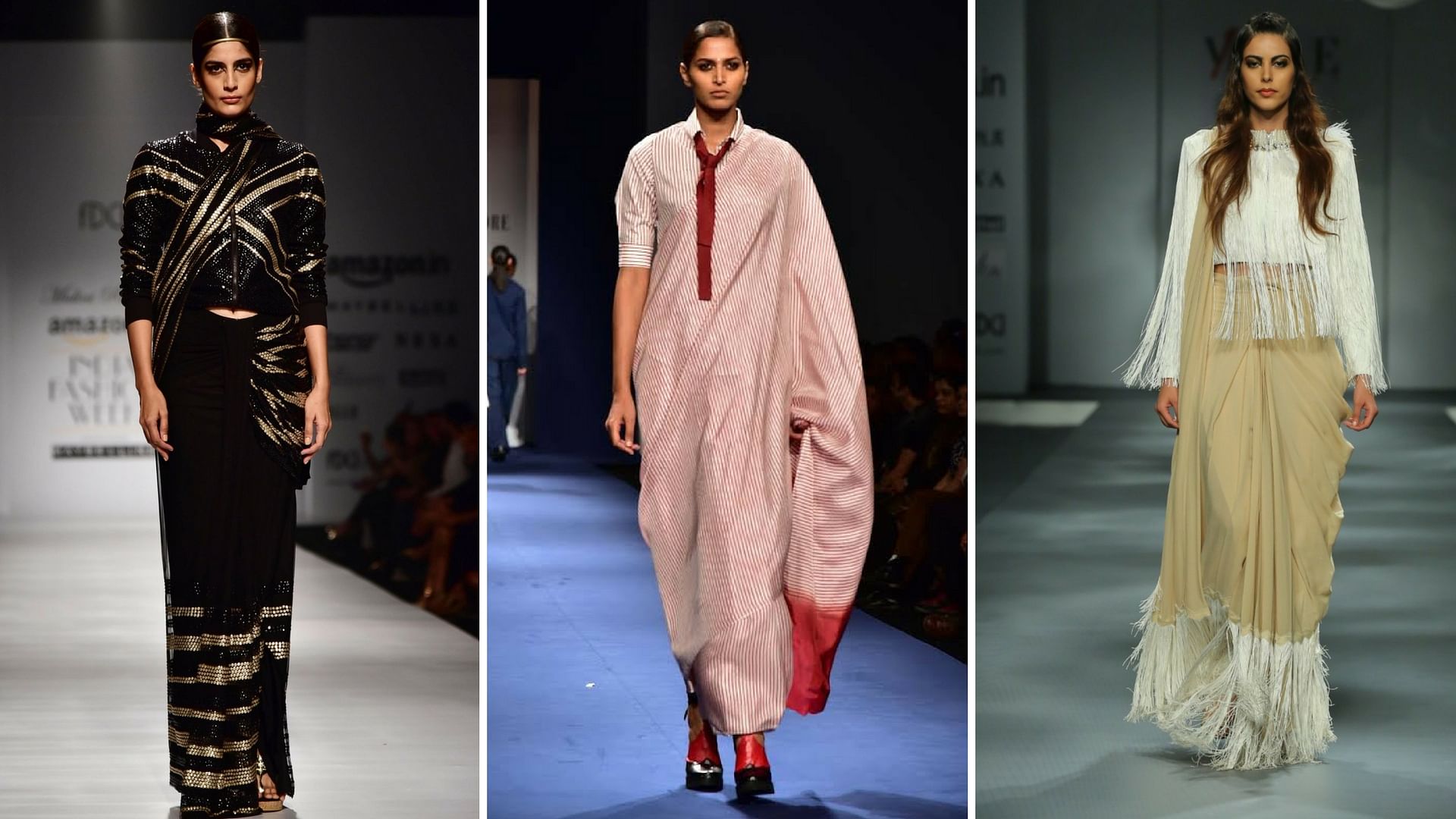 

Bomber jacket with sari, by designer Malini Ramani (L), a shirt sari with tie by designer duo Abraham and Thakore (M) and a fringe sari by designer duo Abu Jani and Sandeep Khosla (R) (Photo: Yogen Shah/FDCI)