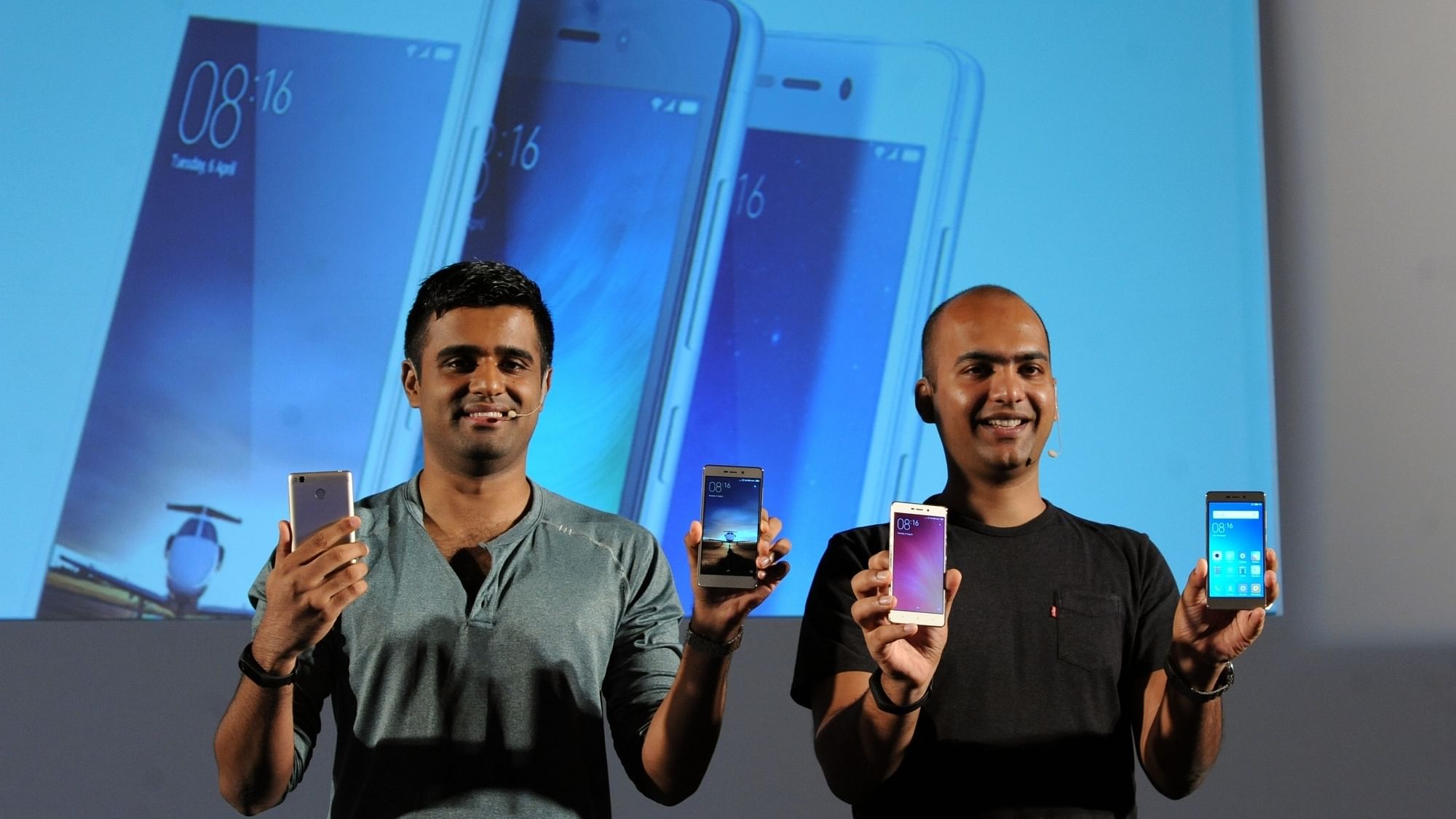 Xiaomi India head Manu Jain and Product Lead Jai Mani during a programme in Kolkata. (Photo: IANS)