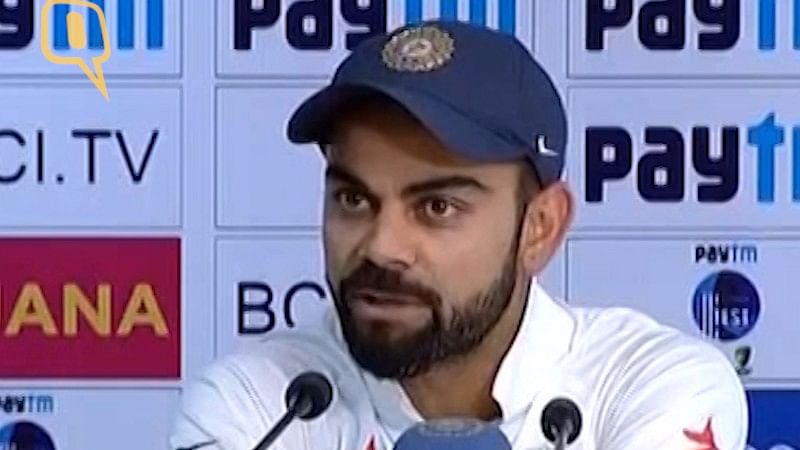 Virat Kohli at the press conference after India won the Test series against Australia. (Photo: <b>The Quint</b>)