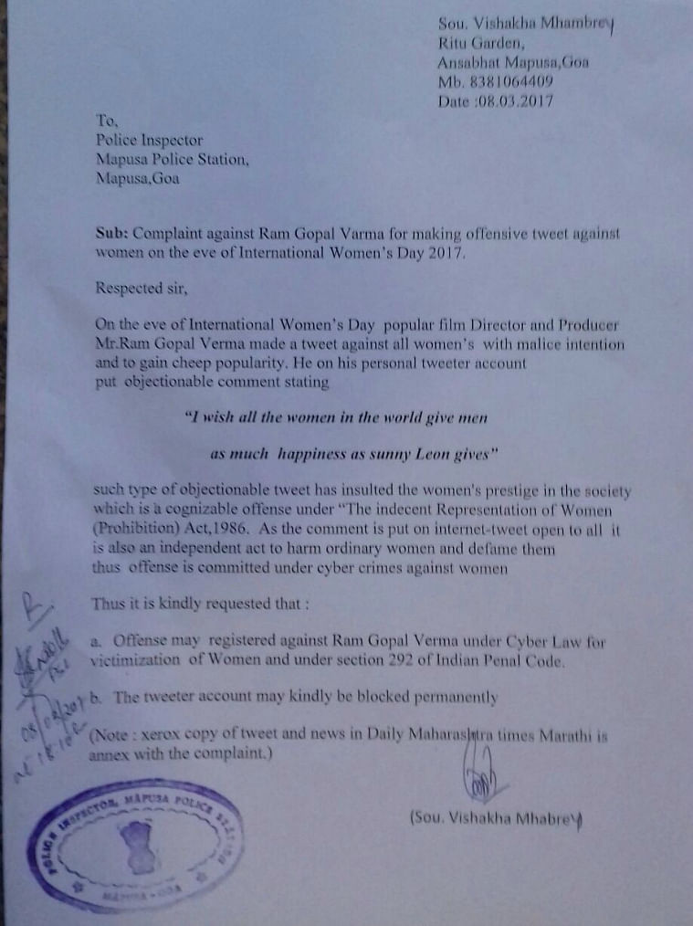 Police complaint filed against filmmaker Ram Gopal Varma.