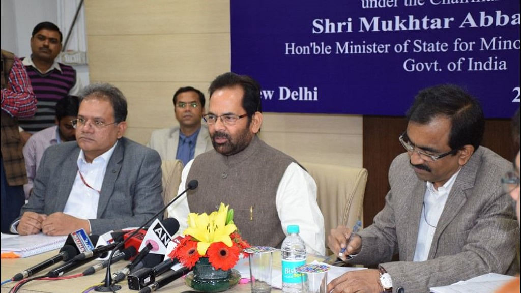 Minority Affairs Minister Mukhtar Abbas Naqvi (centre) said the Commission will be reconstituted soon. (Photo Courtesy: Twitter/<a href="https://twitter.com/naqvimukhtar?ref_src=twsrc%5Egoogle%7Ctwcamp%5Eserp%7Ctwgr%5Eauthor">Mukhtar Abbas Naqvi)</a> 