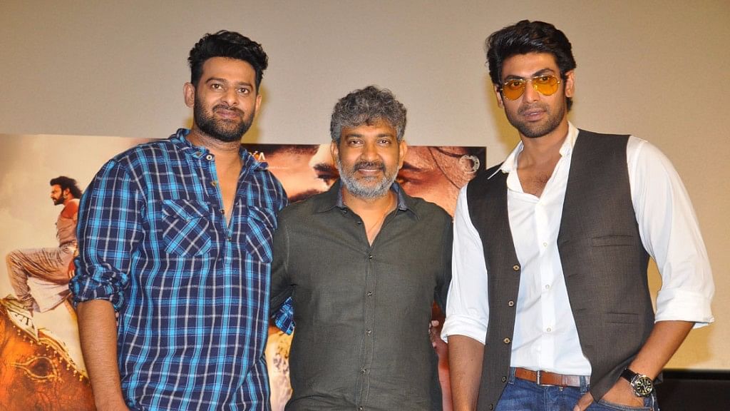Prabhas, SS Rajamouli and Rana Daggubati at the release of <i>Baahubali 2 The Conclusion’s </i>trailer launch in Hyderabad. (Photo: Yogen Shah)
