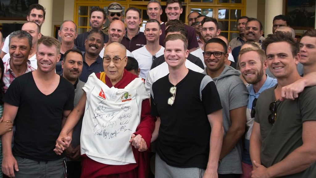 The Australian cricket team with the Dalai lama in Mcleod Ganj on Friday. (Photo: AP)