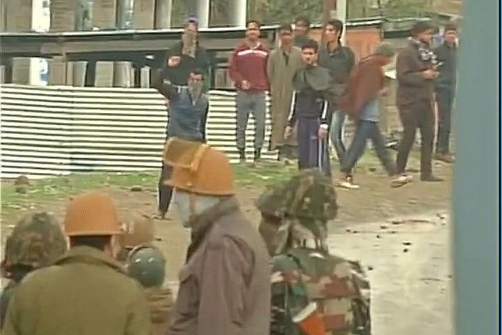 Officials said protesters started pelting stones while security forces were engaged in a gun battle with militants.