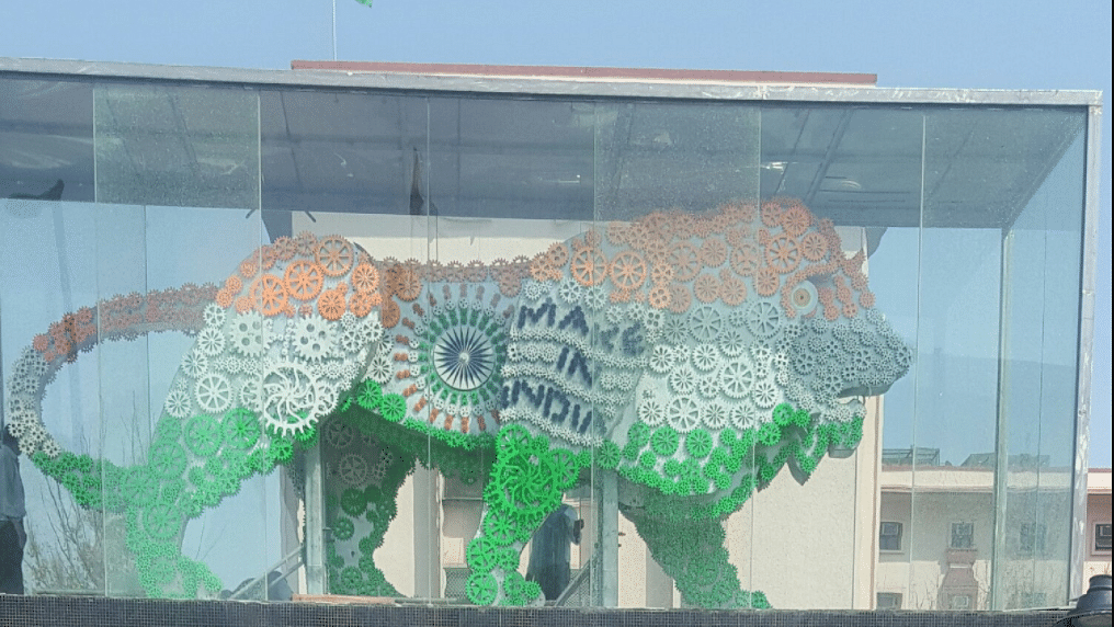 They added that the Make in India mascot was removed from Udyog Bhavan due to lack of required permissions from authorities. (Photo Courtesy: Twitter/<a href="https://twitter.com/ovjjt/status/843730222130200576/photo/1">ovjjt</a>)
