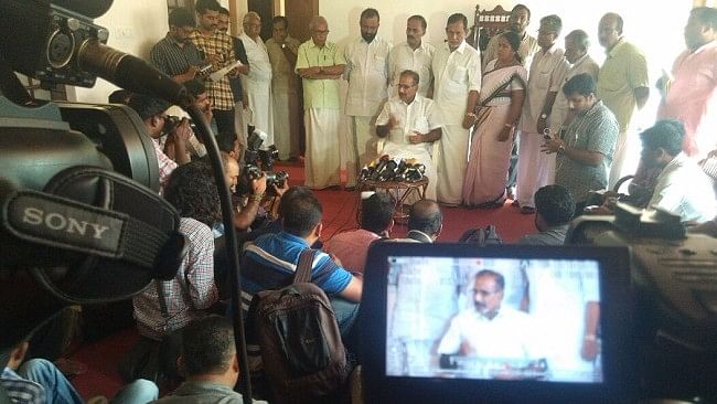 Saseendran’s press conference where he resigned. (Photo Courtesy: The News Minute)