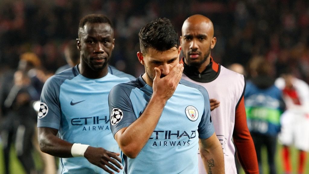 Manchester City’s Sergio Aguero, center, leaves the pitch after losing to Monaco. (Photo: AP) 