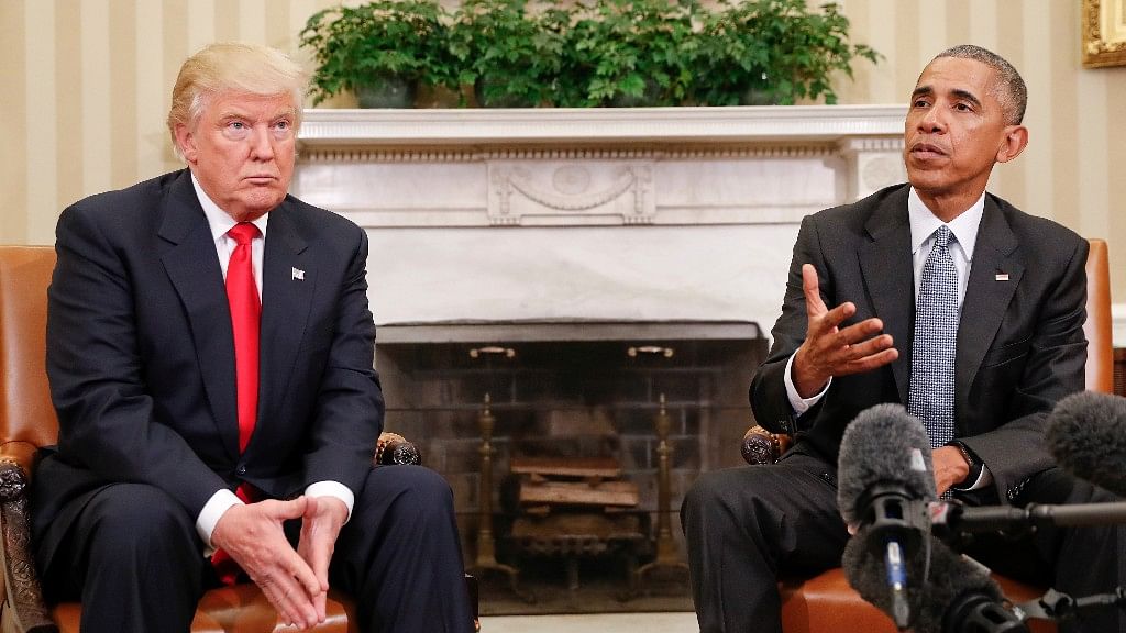 Former US President Barack Obama with current US President Donald Trump in the Oval Office of the White House in Washington. (Photo: AP)<a></a>
