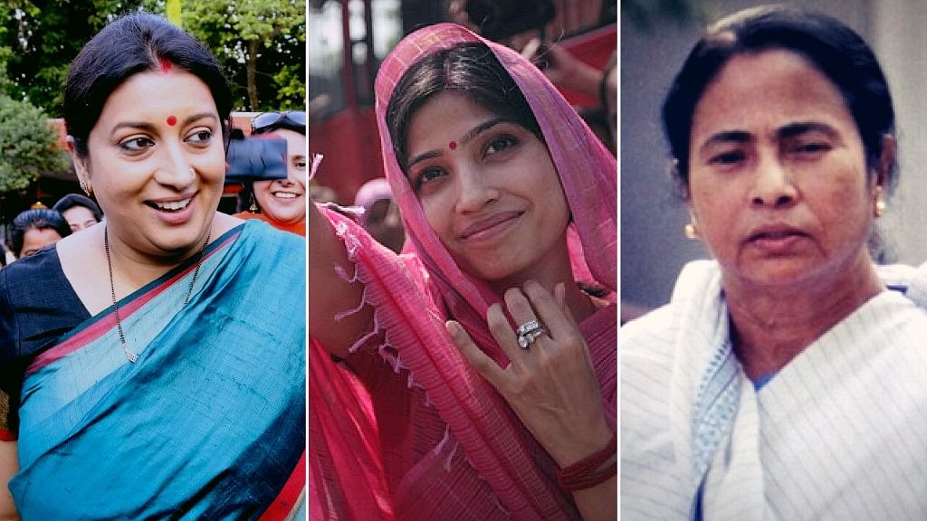 (From L to R) Smriti Zubin Irani, Dimple Yadav and Mamata Banerjee. (Photo: Altered by <b>The Quint</b>)