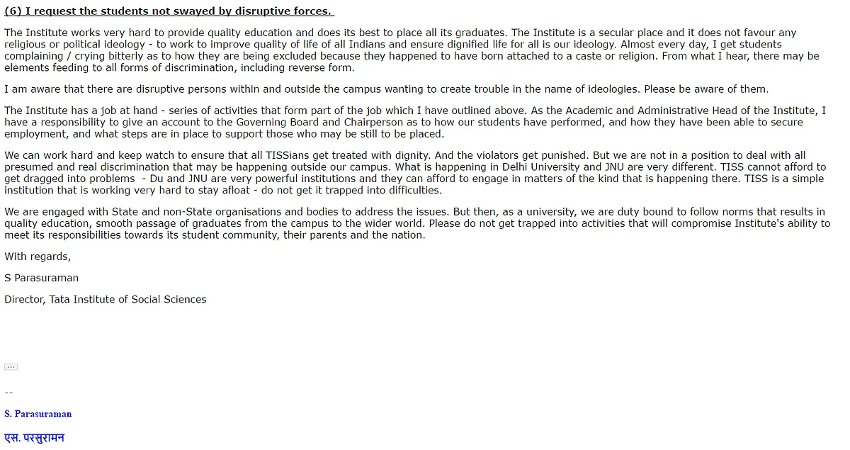 A copy of TISS Director S Parasuraman’s email to students, accessed by <b>The Quint. </b>