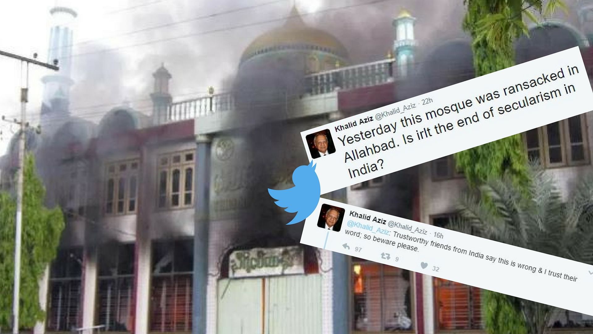 A Peshawar-based Twitter handle shared an image of a burning mosque, claiming it was from Allahabad. (Photo: Altered by <b>The Quint</b>)